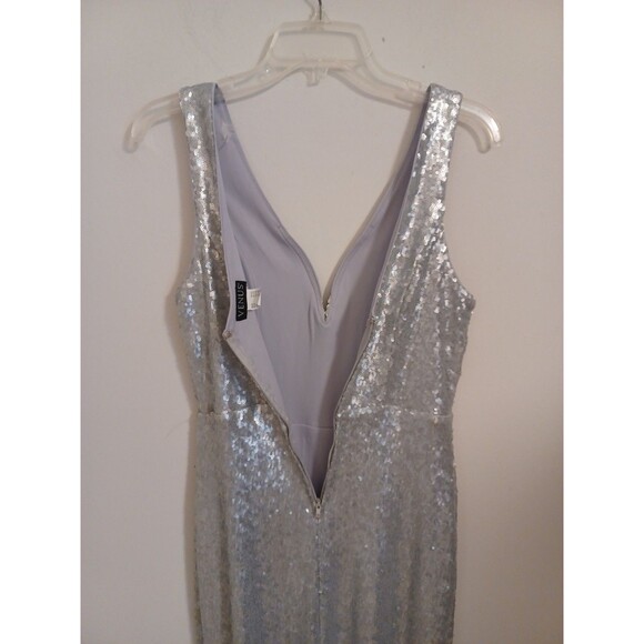 Venus Sequined Long Evening Ball Gown M Silver Gray V Neck Sleeveless Zip Slit - Picture 10 of 10